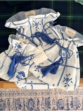 Sézane White and Blue Embroidered Drawstring Bag, set of 3
